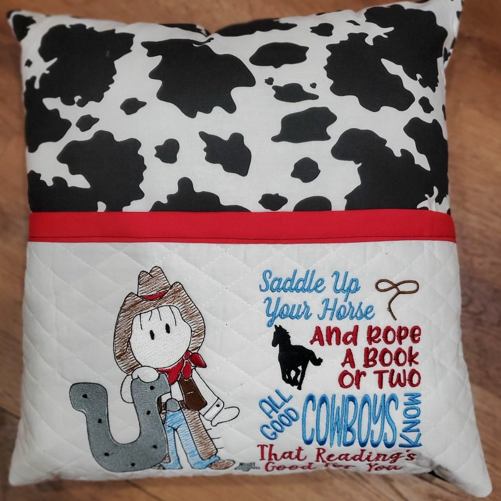 Cow Print Cowboy Reading Book Pocket Pillow 16"x16"